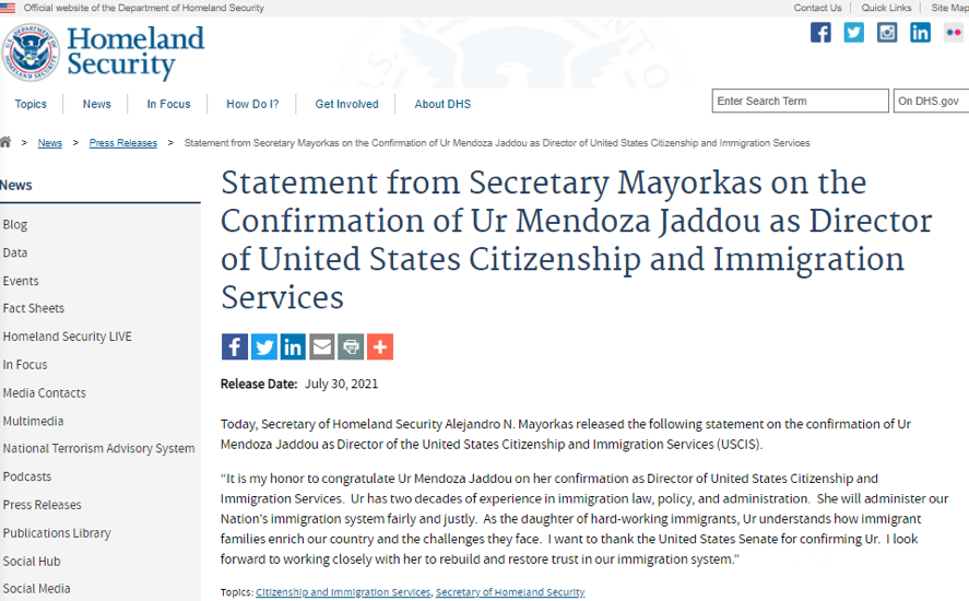 The USCIS's First Female Immigration Director Takes Office, or Will Introduce a Loose Immigration Policy